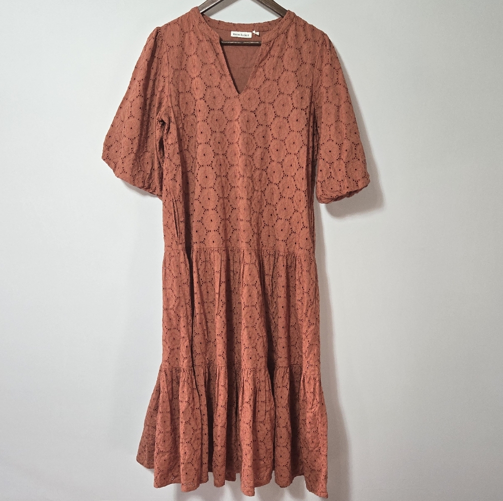 NWT Roller Rabbit Terracotta Eyelet Midi Puff Sleeve Dress Cotton Orange XS